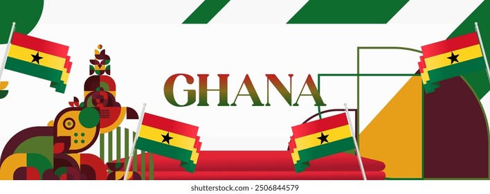 Ghana National Day Banner in modern abstract geometric style. Wide banner suitable for Ghana independence day greeting cards, web, flyers, posters and more with the country flag. Happy Ghana Day