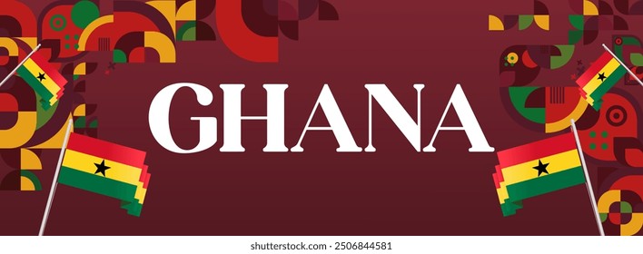 Ghana National Day Banner im modernen abstrakten geometrischen Stil. Breites Banner geeignet für Ghana Unabhängigkeitstag Grußkarten, Web, Flyer, Plakate und mehr mit der Landesflagge. Alles Gute zum Ghana-Tag