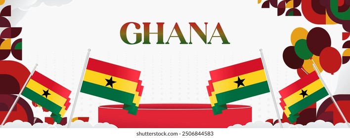 Ghana National Day Banner im modernen abstrakten geometrischen Stil. Breites Banner geeignet für Ghana Unabhängigkeitstag Grußkarten, Web, Flyer, Plakate und mehr mit der Landesflagge. Alles Gute zum Ghana-Tag