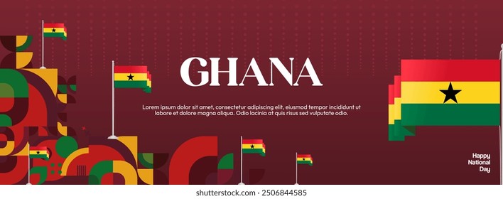 Ghana National Day Banner im modernen abstrakten geometrischen Stil. Breites Banner geeignet für Ghana Unabhängigkeitstag Grußkarten, Web, Flyer, Plakate und mehr mit der Landesflagge. Alles Gute zum Ghana-Tag