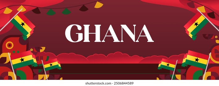 Ghana National Day Banner im modernen abstrakten geometrischen Stil. Breites Banner geeignet für Ghana Unabhängigkeitstag Grußkarten, Web, Flyer, Plakate und mehr mit der Landesflagge. Alles Gute zum Ghana-Tag