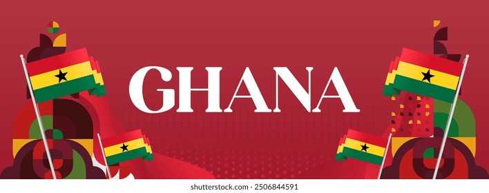 Ghana National Day Banner in modern abstract geometric style. Wide banner suitable for Ghana independence day greeting cards, web, flyers, posters and more with the country flag. Happy Ghana Day