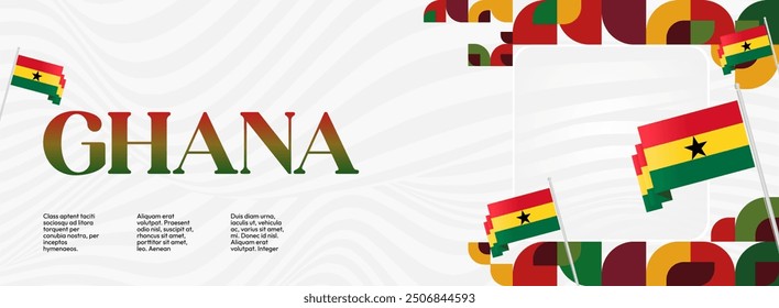 Ghana National Day Banner in modern abstract geometric style. Wide banner suitable for Ghana independence day greeting cards, web, flyers, posters and more with the country flag. Happy Ghana Day