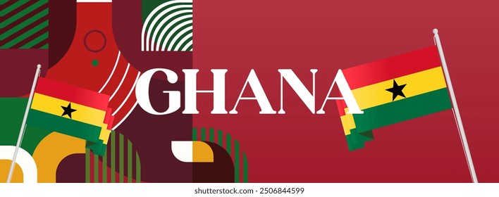 Ghana National Day Banner im modernen abstrakten geometrischen Stil. Breites Banner geeignet für Ghana Unabhängigkeitstag Grußkarten, Web, Flyer, Plakate und mehr mit der Landesflagge. Alles Gute zum Ghana-Tag