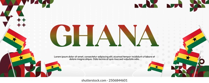 Ghana National Day Banner in modern abstract geometric style. Wide banner suitable for Ghana independence day greeting cards, web, flyers, posters and more with the country flag. Happy Ghana Day