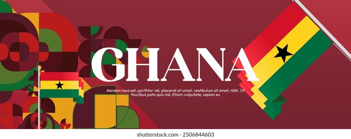 Ghana National Day Banner in modern abstract geometric style. Wide banner suitable for Ghana independence day greeting cards, web, flyers, posters and more with the country flag. Happy Ghana Day