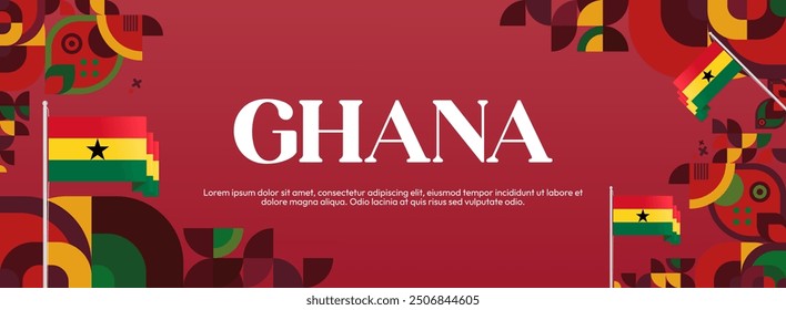 Ghana National Day Banner in modern abstract geometric style. Wide banner suitable for Ghana independence day greeting cards, web, flyers, posters and more with the country flag. Happy Ghana Day