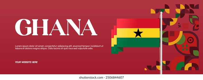 Ghana National Day Banner im modernen abstrakten geometrischen Stil. Breites Banner geeignet für Ghana Unabhängigkeitstag Grußkarten, Web, Flyer, Plakate und mehr mit der Landesflagge. Alles Gute zum Ghana-Tag