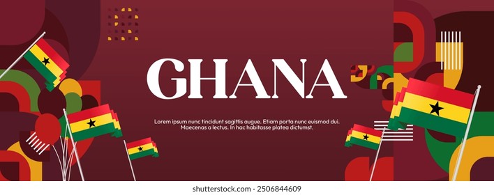 Ghana National Day Banner im modernen abstrakten geometrischen Stil. Breites Banner geeignet für Ghana Unabhängigkeitstag Grußkarten, Web, Flyer, Plakate und mehr mit der Landesflagge. Alles Gute zum Ghana-Tag