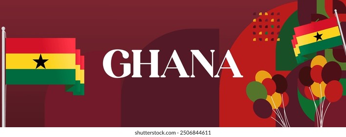 Ghana National Day Banner im modernen abstrakten geometrischen Stil. Breites Banner geeignet für Ghana Unabhängigkeitstag Grußkarten, Web, Flyer, Plakate und mehr mit der Landesflagge. Alles Gute zum Ghana-Tag