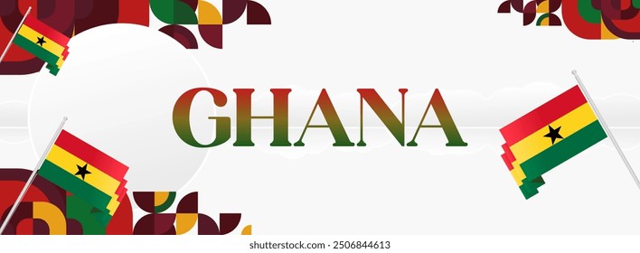 Ghana National Day Banner in modern abstract geometric style. Wide banner suitable for Ghana independence day greeting cards, web, flyers, posters and more with the country flag. Happy Ghana Day