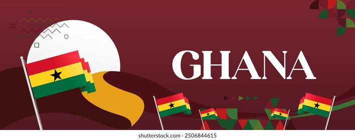 Ghana National Day Banner in modern abstract geometric style. Wide banner suitable for Ghana independence day greeting cards, web, flyers, posters and more with the country flag. Happy Ghana Day