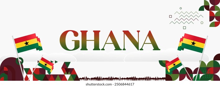 Ghana National Day Banner in modern abstract geometric style. Wide banner suitable for Ghana independence day greeting cards, web, flyers, posters and more with the country flag. Happy Ghana Day