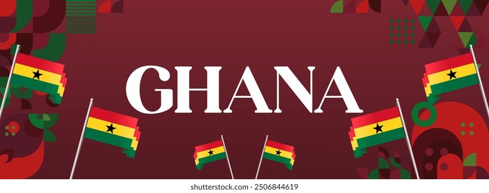 Ghana National Day Banner im modernen abstrakten geometrischen Stil. Breites Banner geeignet für Ghana Unabhängigkeitstag Grußkarten, Web, Flyer, Plakate und mehr mit der Landesflagge. Alles Gute zum Ghana-Tag