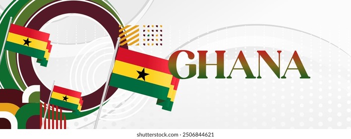 Ghana National Day Banner im modernen abstrakten geometrischen Stil. Breites Banner geeignet für Ghana Unabhängigkeitstag Grußkarten, Web, Flyer, Plakate und mehr mit der Landesflagge. Alles Gute zum Ghana-Tag