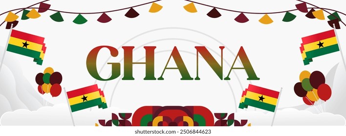 Ghana National Day Banner in modern abstract geometric style. Wide banner suitable for Ghana independence day greeting cards, web, flyers, posters and more with the country flag. Happy Ghana Day