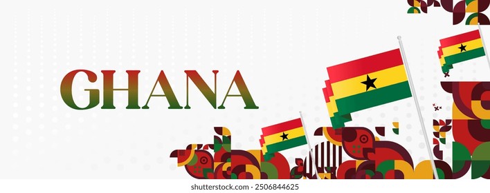 Ghana National Day Banner im modernen abstrakten geometrischen Stil. Breites Banner geeignet für Ghana Unabhängigkeitstag Grußkarten, Web, Flyer, Plakate und mehr mit der Landesflagge. Alles Gute zum Ghana-Tag