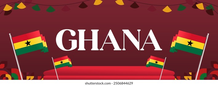 Ghana National Day Banner in modern abstract geometric style. Wide banner suitable for Ghana independence day greeting cards, web, flyers, posters and more with the country flag. Happy Ghana Day