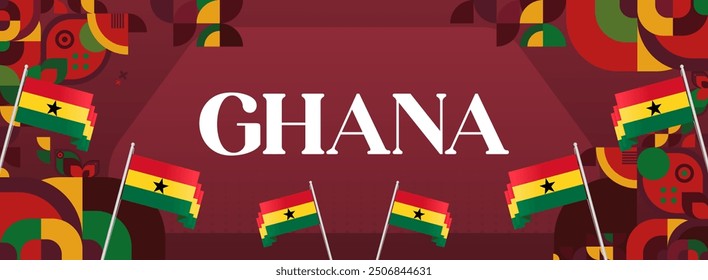 Ghana National Day Banner im modernen abstrakten geometrischen Stil. Breites Banner geeignet für Ghana Unabhängigkeitstag Grußkarten, Web, Flyer, Plakate und mehr mit der Landesflagge. Alles Gute zum Ghana-Tag