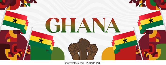 Ghana National Day Banner im modernen abstrakten geometrischen Stil. Breites Banner geeignet für Ghana Unabhängigkeitstag Grußkarten, Web, Flyer, Plakate und mehr mit der Landesflagge. Alles Gute zum Ghana-Tag