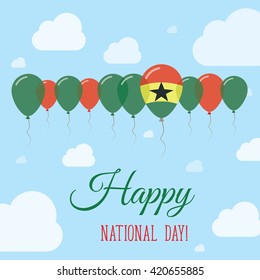 Ghana National Day Flat Patriotic Poster. Row of Balloons in Colors of the Ghanaian flag. Happy National Day Ghana Card with Flags, Balloons, Clouds and Sky.