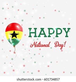 Ghana National Day patriotic poster. Flying Rubber Balloon in Colors of the Ghanaian Flag. Ghana National Day background with Balloon, Confetti, Stars, Bokeh and Sparkles.