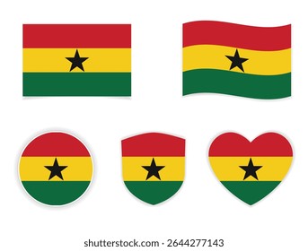 ghana national flag badge, shield and heart label icon set