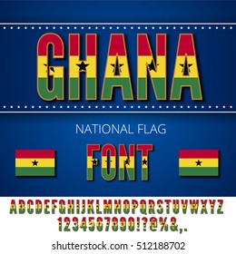 Ghana National Flag stylized Font. Alphabet and Numbers in Vector Set