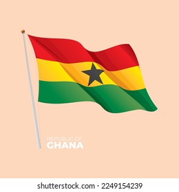 Ghana national flag waving at the flagpole. Vector 3D