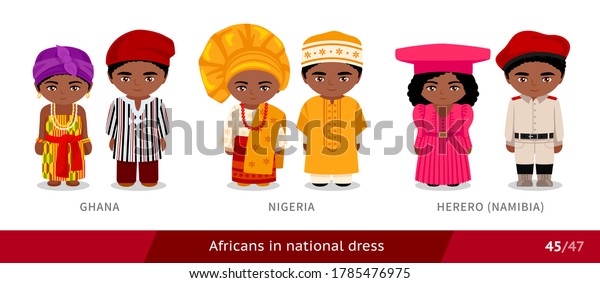 ガーナ ナイジェリア ヘレロ ナミビア 国民服を着た男女 民族衣装を着たアフリカ人のセット 漫画のキャラクター ベクターフラットイラスト のベクター画像素材 ロイヤリティフリー