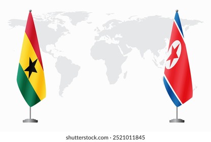 Bandeiras de Gana e Coreia do Norte para reunião oficial contra o fundo do mapa do mundo.