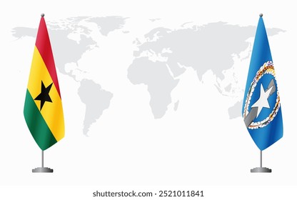 Bandeiras de Gana e das Ilhas Marianas do Norte para reunião oficial com base no mapa do mundo.