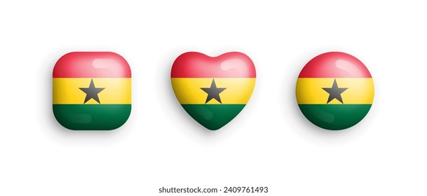 Ghana Official National Flag 3D Vector Glossy Icons In Rounded Square, Heart And Circle Form Isolated On White Back. Ghanaian Sign And Symbols Graphic Design Elements Volumetric Buttons Collection