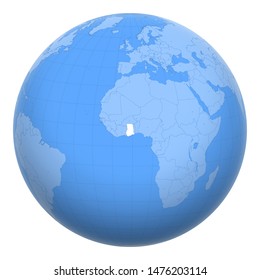 Ghana on the globe. Earth centered at the location of the Republic of Ghana. Map of Ghana. Includes layer with capital cities.