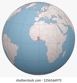 Ghana on the globe. Earth hemisphere centered at the location of the Republic of Ghana. Ghana map.