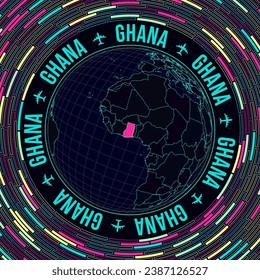 Ghana on globe. Satelite view of the world centered to Ghana. Bright neon style. Futuristic radial bricks background. Captivating vector illustration.