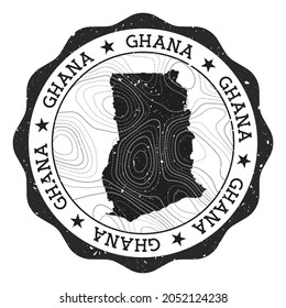 Ghana outdoor stamp. Round sticker with map of country with topographic isolines. Vector illustration. Can be used as insignia, logotype, label, sticker or badge of the Ghana.