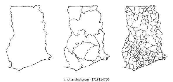 Ghana outline map vector with administrative borders, regions, municipalities, departments in black white colors