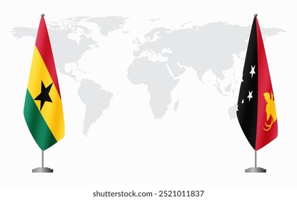 Bandeiras de Gana e Papua Nova Guiné para reunião oficial contra o fundo do mapa do mundo.