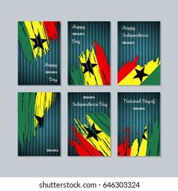 Ghana Patriotic Cards for National Day. Expressive Brush Stroke in National Flag Colors on dark striped background. Ghana Patriotic Vector Greeting Card.