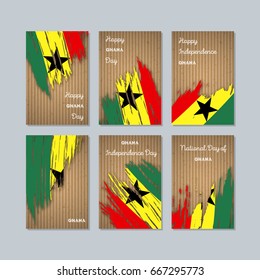 Ghana Patriotic Cards for National Day. Expressive Brush Stroke in National Flag Colors on kraft paper background. Ghana Patriotic Vector Greeting Card.