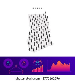 Ghana people map. Detailed vector silhouette. Mixed crowd of men and women icons. Population infographic elements. Vector illustration isolated on white.