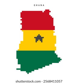 Ghana pixel flag map icon. 8 bit pixel art Ghanaian map covered with flag. Flat vector illustration isolated on white background.