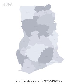 Ghana political map of administrative divisions - regions. Grey vector map with labels.