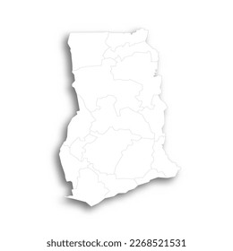 Ghana political map of administrative divisions - regions. Flat white blank map with thin black outline and dropped shadow.