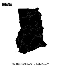 Ghana political map of administrative divisions - regions. Blank black map and country name title.