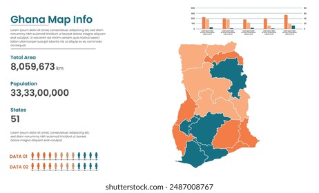 Ghana politische Karte der administrativen Abteilungen Staaten, Bunte Staaten in Ghana Karte Infografik, Ghana Karte Infografik, Ghana Bevölkerung.