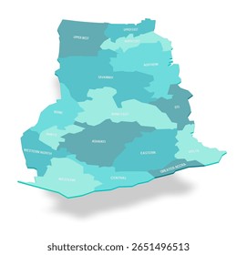 Mapa político de divisões administrativas do Gana - regiões. Mapa de vetor turquesa 3D com rótulos de nome.