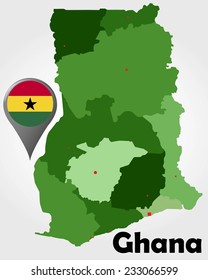 Ghana political map with green shades and map pointer.