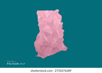 Ghana Polygon-Karte Vektorgrafik in Low-Poly-geometrischen Stil, weiche Pastellfarben mit rosa und grünen Töne, saubere Silhouette auf solidem Hintergrund, ideal für Infografik.